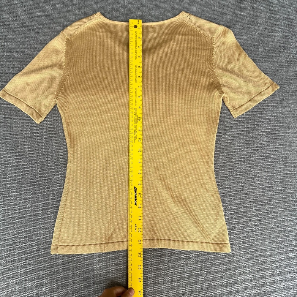 Saks Fifth Avenue Collection Knit Top Women Medium Gold Silk Short Sleeve V-Neck - Picture 3 of 8